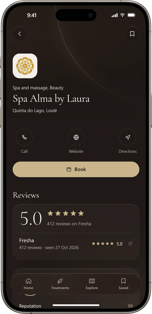 A spa with its reviews and booking button